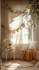 A sunlit room with sheer curtains, rustic wooden chair, dried flowers, cozy and relaxing atmosphere