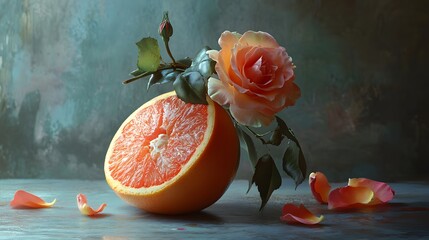 Citrus Blossom Still Life: A vibrant orange half rests on a dark surface, adorned with a delicate peach rose and scattered petals, creating a captivating still life composition.