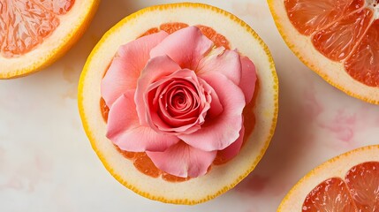 A Rose Among Grapefruits: A single, delicate pink rose blooms gracefully within the center of a halved grapefruit, creating a vibrant and visually striking still life.
