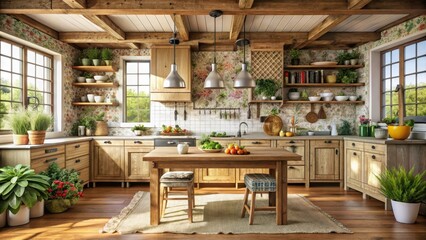 Cozy Farmhouse Kitchen with Rustic Wood Furniture and Floral Patterns