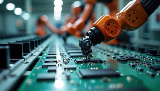 Advanced robot arms precisely place microchips on circuit boards in hi-tech factory. Automated assembly line shows precision, efficiency in modern manufacturing. Automated process creates advanced