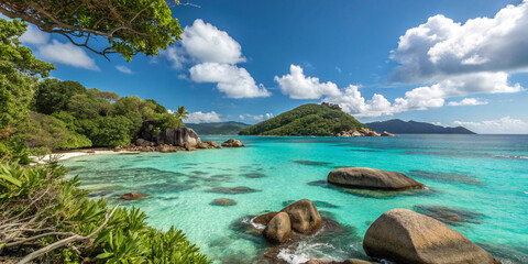 Fototapeta premium Idyllic tropical beach with crystal-clear waters, white sand, and lush palm trees swaying under a bright blue sky in an exotic paradise setting