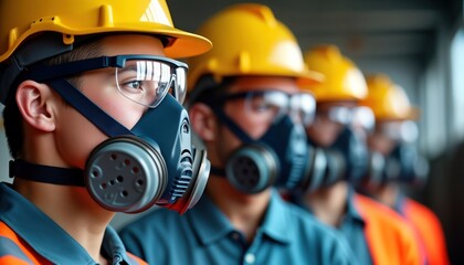 Workers wearing safety gear receiving training on respiratory protection. Wearing respirators, safety glasses, hard hats. Focus on safety clear in photo. Training session on respirator fit testing,