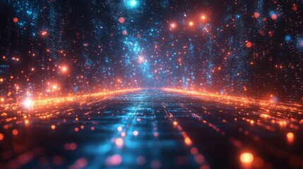 Fototapeta premium Colorful Digital Landscape With Glowing Particles and Light Trails. Generative AI