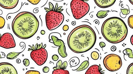 fruit pattern with kiwis and strawberries drawn in a doodle style, complemented by playful swirl elements.