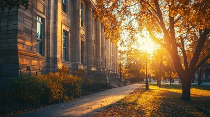 Fototapeta premium Autumn Sunset at Historic Building with Colorful Leaves and Light
