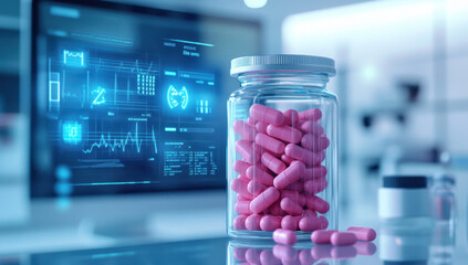 A transparent bottle containing vibrant pink multivitamins is placed on a lab table. A digital screen shows health metrics and graphs, emphasizing the focus on nutrition