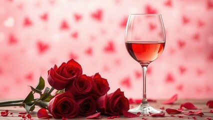 Romantic background with wine and rose petals.