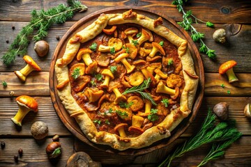 Golden chanterelle galette, baked to perfection, showcasing autumn's bounty in a rustic, top-down shot.