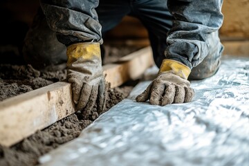 Close-up of worker's hands laying wood on a dirt floor. Illustrates construction, home renovation, or DIY projects.