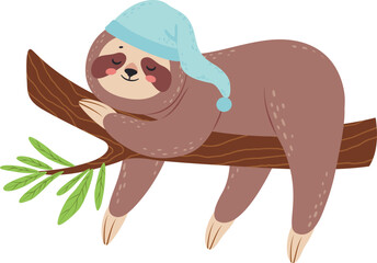 Adorable cartoon sloth wearing a nightcap, peacefully sleeping on a tree branch, evoking tranquility and restfulness, ideal for children s books or sleep related products