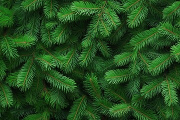 Lush green fir branches create a dense texture. Ideal for Christmas, winter, or nature-themed designs.