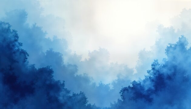 Abstract watercolor cloudscape. Soft gradient from light white to dark navy blue in tilted angle. Suggests dramatic sky. Possible time of day. Suitable for nature, weather-related themes. Ideal for
