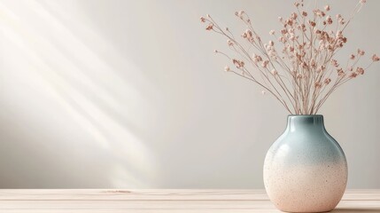 Dried flowers vase, sunlight, wooden table, minimalist interior, website mockup