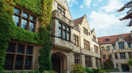 Fototapeta premium Beautiful Historic College Building Surrounded by Green Ivy