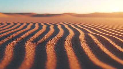 Naklejka premium A serene desert landscape featuring gentle sand dunes illuminated by soft sunlight, creating beautiful patterns in the sand.