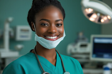 A smiling black woman wearing a surgical mask