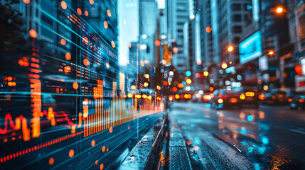 Obraz premium A futuristic holographic interface displaying business growth metrics in a vibrant city