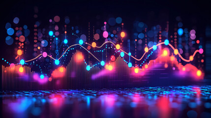 A futuristic holographic interface displaying business growth metrics in a vibrant city