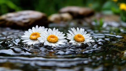 Three daisies with water droplets floating on a rippling surface near stones.