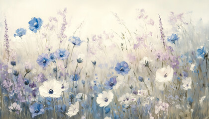 Oil painting of blue and white wildflowers on textured canvas with rich brushstrokes creating a detailed and elegant floral artwork for home decor and artistic inspiration