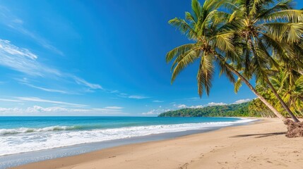 Fototapeta premium Tropical island nature concept. A serene beach scene with palm trees and clear blue skies, inviting relaxation.