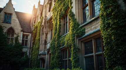 Fototapeta premium Historic Building Facade Covered in Ivy with Sunlight in Background
