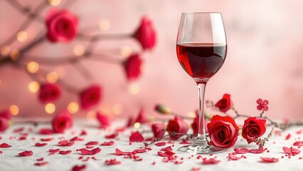 Romantic background with wine and rose petals.