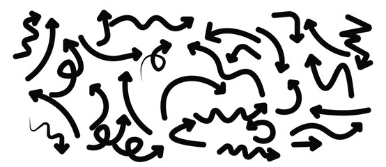 Arrows hand drawn doodle icons set on white background. Curved cartoon arrows sketches collection. Sign, Symbol, Hand drawn arrow collection
