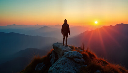 Fototapeta premium Person stands on mountaintop at sunrise. Vast mountain ranges stretch out below. Golden light bathes landscape. Majestic, inspiring view. Solitude, reflection apparent. Nature beauty, vastness