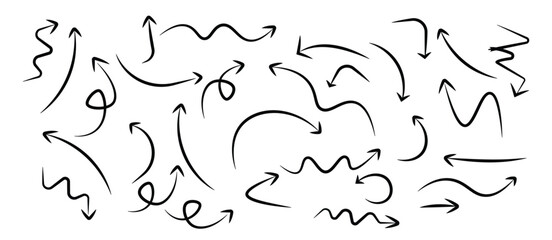 Arrows hand drawn doodle icons set on white background. Curved cartoon arrows sketches collection. Sign, Symbol, Hand drawn arrow collection
