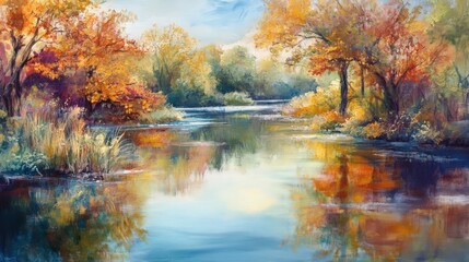 Obraz premium river reflecting the changing seasons, from the lush greens of summer to the muted browns and oranges of fall, before transforming into the icy, still waters of winter