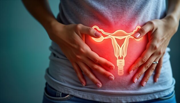 Woman holding abdomen. Pelvic pain highlighted by glowing uterus, ovary anatomy. Possible causes of pain include period cramps, endometriosis, gynecological conditions. Health concept photo with