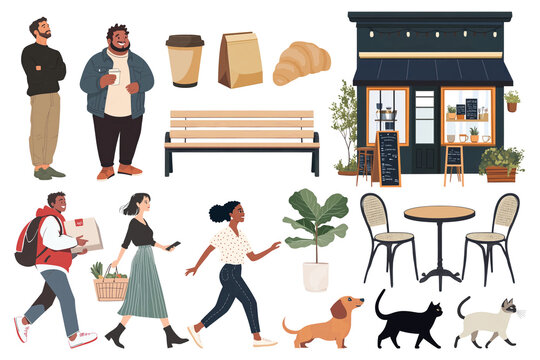 PNG Morning cafe with people illustration set on transparent background