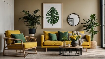 Modern living room interior design featuring yellow furniture and indoor plants in a cozy setting
