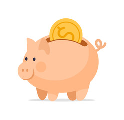 Piggy bank with gold dollar coin flat vector icon. Illustration for business, home finance, online payments.