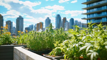 Fototapeta premium Urban Rooftop Garden with Green Plants and City Skyline in Background