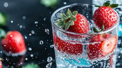 Fresh strawberries submerged in sparkling water, creating a refreshing beverage scene.