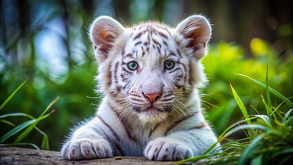 Naklejka premium Captivating albino tiger cub playing in lush green forest wildlife photography natural habitat close-up perspective for enthusiasts