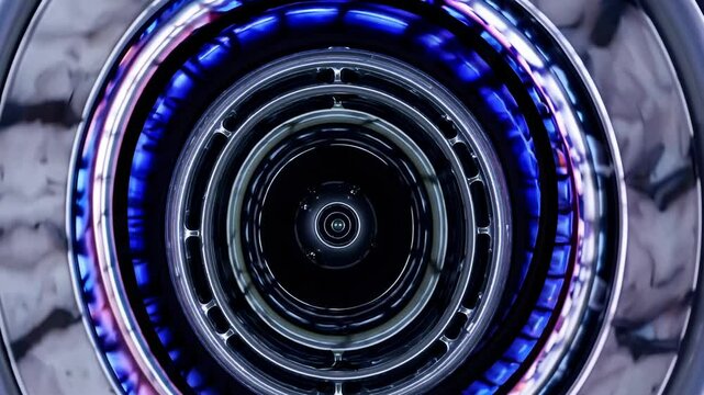 A cinematic head-on view of a humming jet engine, blue and purple hues radiating from its blades, highlighting intricate mechanical details.