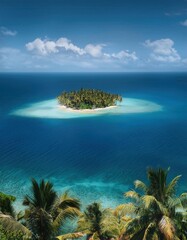 Fototapeta premium Perched high above, a captivating view of a remote island unfolds, showcasing a lush canopy of palm trees enveloped in pristine turquoise waters under a clear sky, perfect for a serene getaway