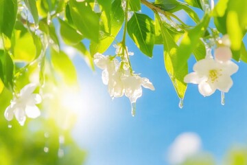 Obraz premium Delicate white blossoms with melting snow and icicles, symbolizing the contrast between winter and spring with fresh renewal and warmth..