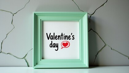 White Surface Mockup with Green Frame and Valentine's Day Text Against Cracked Background
