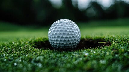 Obraz premium A close-up of a golf ball resting near a hole on a grassy golf course.