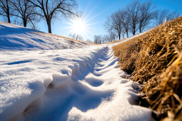 Obraz premium Melted snow forming a natural path in a sunny rural landscape, symbolizing the arrival of spring and seasonal transformation..
