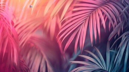 Fototapeta premium Vibrant Tropical Leaves with Pink and Blue Color Gradient Backgrounds