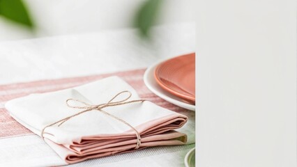 Elegant table setting with folded napkins and coral plates on white tablecloth