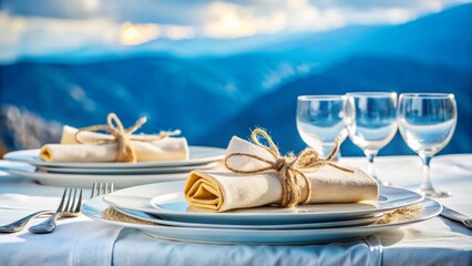 Elegant outdoor dining setting with napkins and glassware overlooking scenic mountain view