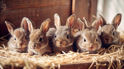 Obraz premium Playful baby rabbits in a cozy barn setting cute animal photography warm atmosphere close-up view for adorable imagery