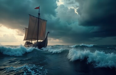 Obraz premium Viking longboat sails stormy ocean. Huge waves crash around ancient vessel. Dramatic sky full of clouds, dark storm. Ship navigates rough seas. Historic seafaring depicted. Strong wind pushes ship